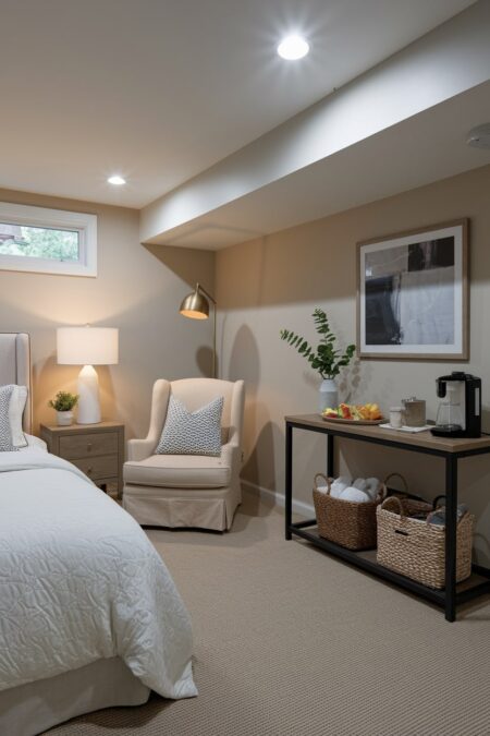 basement bedroom with beige walls, white bedding, armchair and a floor lamp, small console table with a coffee maker and snacks