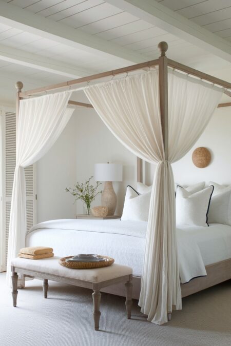beach bedroom has a wooden canopy bed with sheer white fabric and white bedding, beige table lamp base