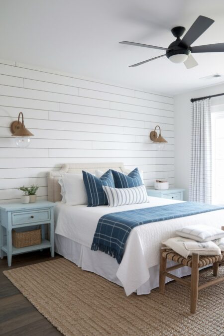 beach bedroom has an accent wall with white shiplap, light blue weathered wood nightstands, copper wall sconces, navy blue throws, and a black ceiling fan