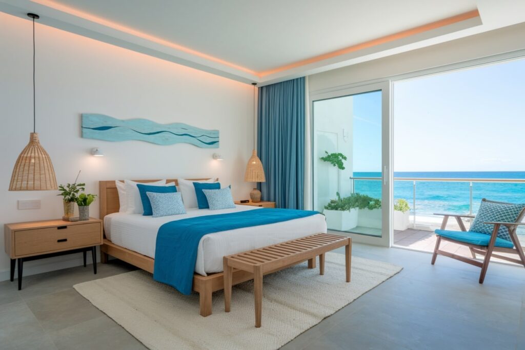 modern beach bedroom interior with white walls, tray ceiling with hidden lighting, wooden furniture, blue accent decor, and gray tile flooring