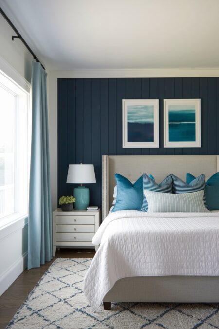 beach bedroom with a navy blue accent wall, blue and striped throw pillows, white bedding, light blue curtains