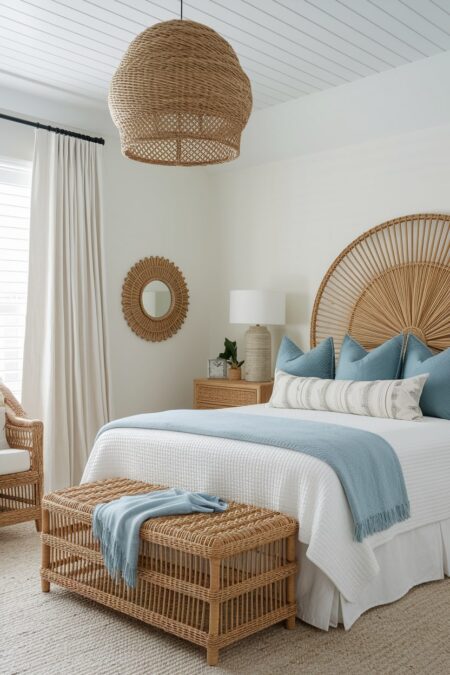 beach bedroom with a rattan headboard and furniture, white bedding, blue throw blanket and accent pillows