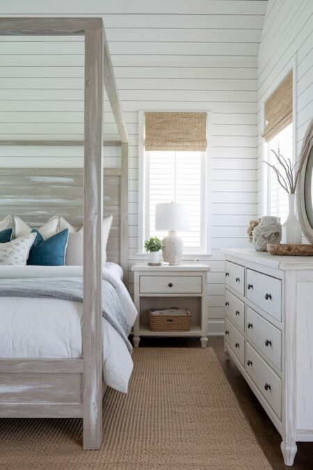beach bedroom with a whitewashed wood four-poster bed, light toned weathered dresser and nightstand