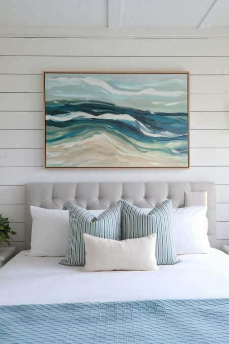 beach bedroom with an abstract ocean-inspired artwork above the bed, gray upholstered tufted headboard, blue striped accent pillows