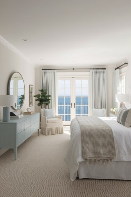 beach bedroom with light walls and bedding, light beige carpeting, round mirror, and pastel green console