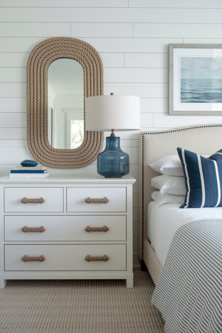 beach bedroom with rope mirror frame and rope drawer handles, dark blue glass table lamp base