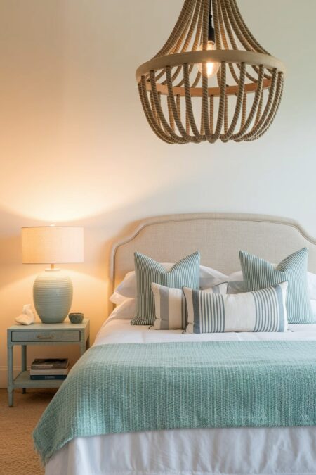 beach bedroom with seaglass color bedding, pendant light wrapped in rope, soft blue ceramic table lamp base