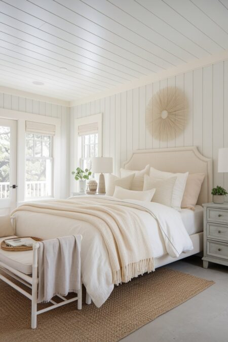 beach bedroom with white shiplap walls and ceiling, ivory and creamy bedding, light gray washed wooden dresser