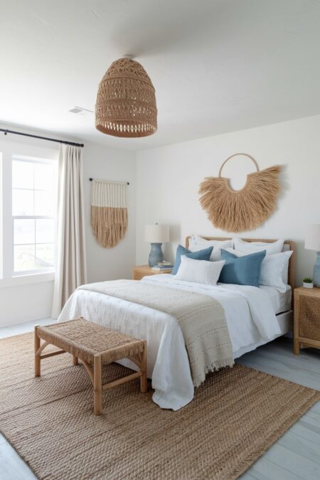 beach bedroom with white walls and a jute area rug, woven ceiling light, blue table lamp bases and accent pillows