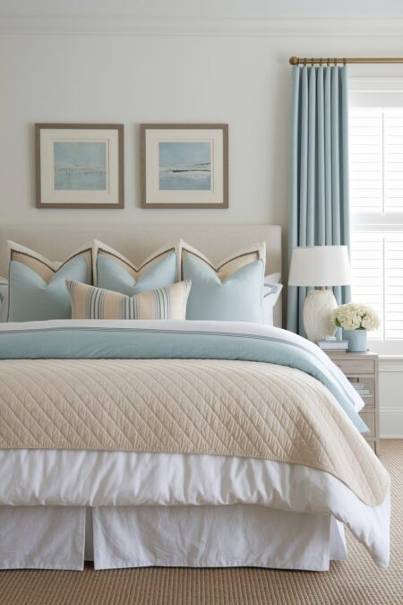 beach bedroom with white walls, layered bedding, beige quilted coverlet, light blue pillows and curtains, white bed skirt