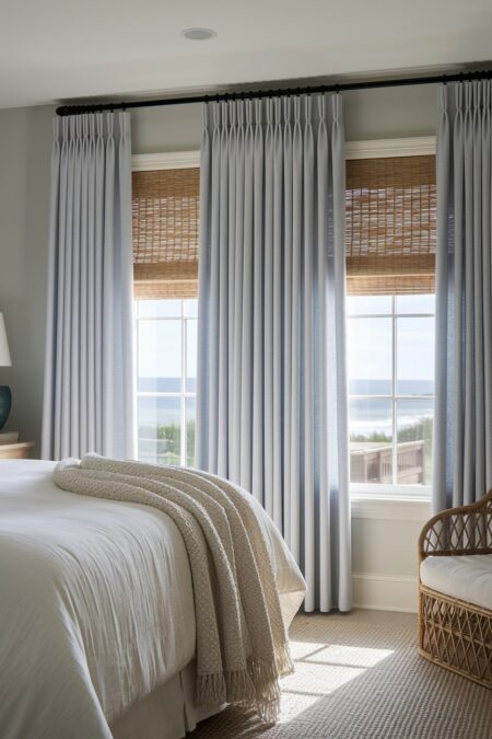 beach bedroom with woven bamboo blinds and light muted blue semi-sheer curtains, light neutral bedding