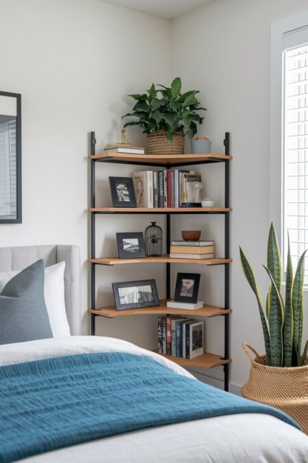 bedroom has a corner shelving unit with books, photo frames, and a houseplant