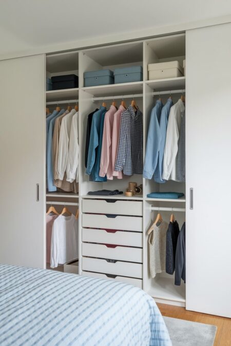 bedroom has a white fitted sliding door wardrobe with double hanging rods and multiple drawers