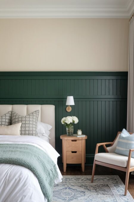 bedroom has lower half of the wall with dark green wainscoting and upper half with cream paint, wooden nightstand and armchair