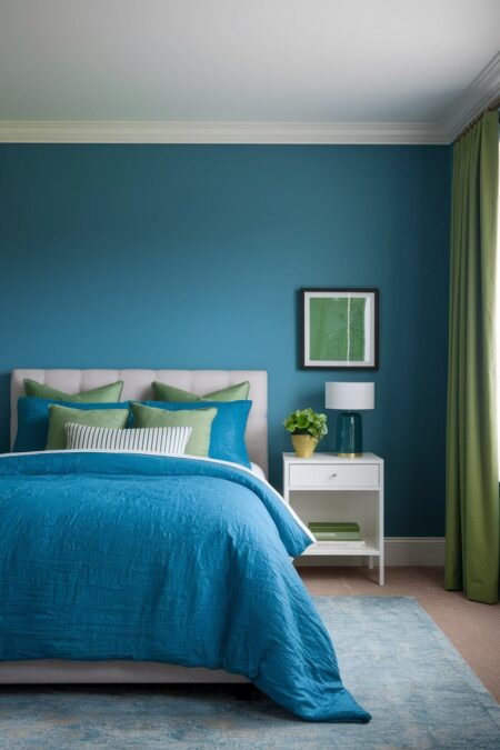 bedroom with blue walls, blue-green bedding, green curtains, accent pillows, and artwork