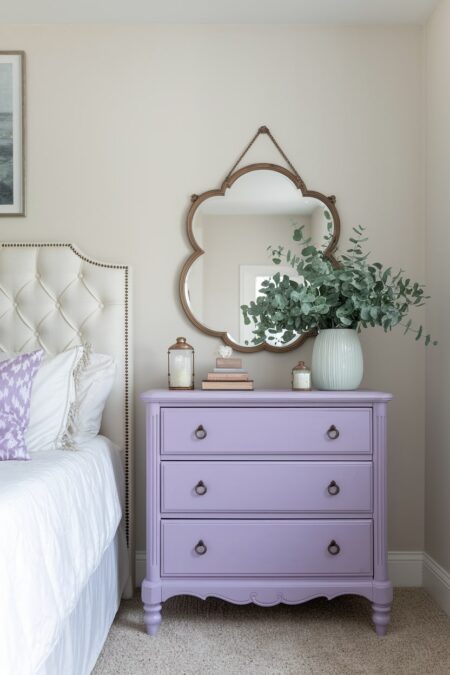 bedroom with cream walls and tufted headboard, upcycled lavender dresser with eucalyptus in a white vase