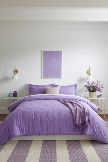 bedroom with light gray walls, lavender bedding, striped area rug, and white wall sconces