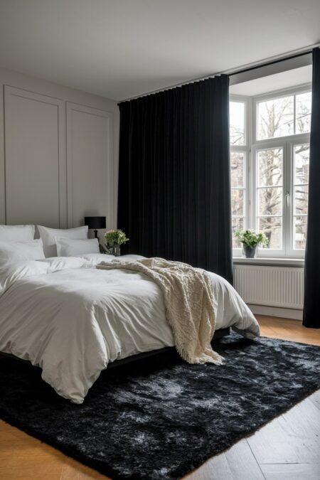 bedroom with off-white walls and bedding, soft black area rug, and light blocking black curtains