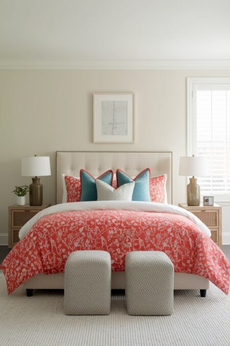 bedroom with off-white walls, coral bedding with white botanical pattern, and brown ceramic table lamps