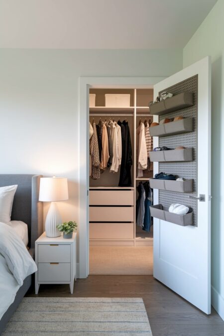 bedroom with white walls, gray bed frame, and walk-in closet
