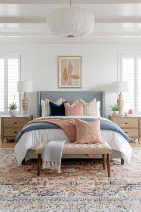 bedroom with white walls, gray upholstered headboard, and muted peach vintage area rug