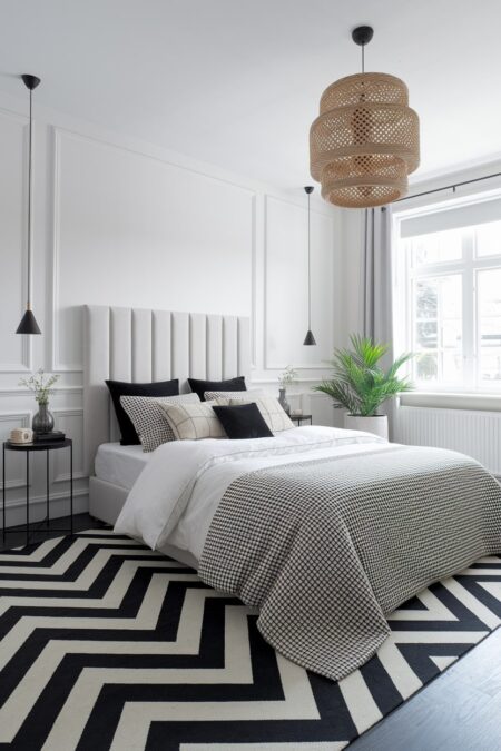black and white bedroom has white walls with moldings, geometric bold chevron area rug, pillows and throw blanket with a grid pattern