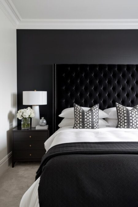 black and white bedroom with a black accent wall, black tufted velvet headboard, white bedding, and black throw blanket