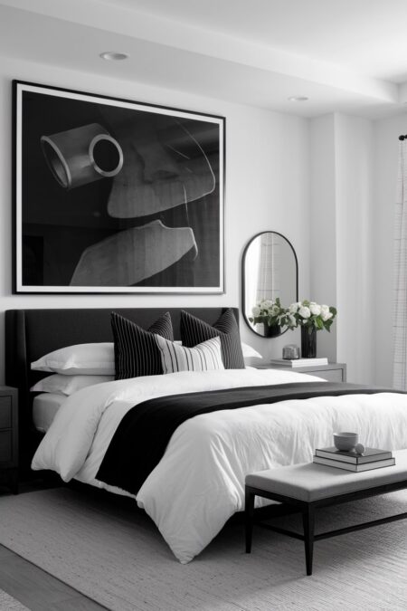 black and white bedroom with an oversize abstract black artwork above black upholstered headboard