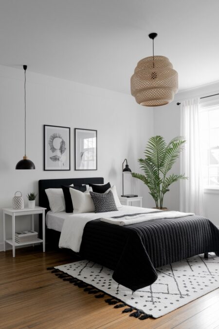 black and white bedroom with asymmetrical design, a black pendant light and desk lamp, black bed frame and blanket