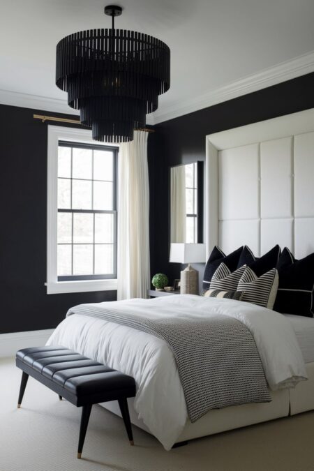 black and white bedroom with black walls, tall white upholstered headboard, and sculptural black chandelier