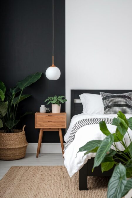 black and white bedroom with houseplants, wooden nightstand, and jute area rug