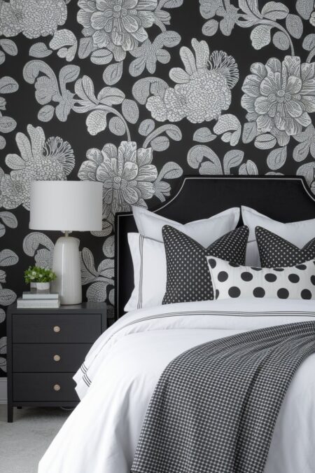 black and white bedroom with large scale floral wallpaper, polka dot pillows, and black curved headboard