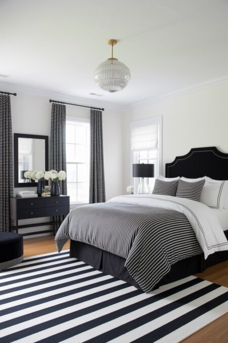 black and white bedroom with white walls, striped area rug, bedding, and curtains