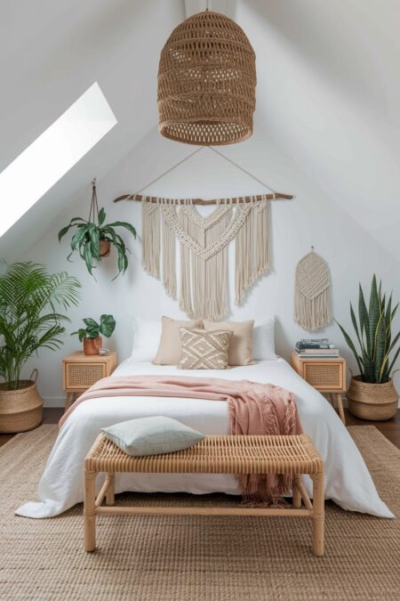 bohemian style attic bedroom with sloped ceilings, macrame wall hangings, rattan furniture, and houseplants