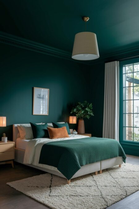 dark green bedroom has a dark green ceiling with cream ceiling light with linen shade, ambient wall sconces, cream rug and curtains
