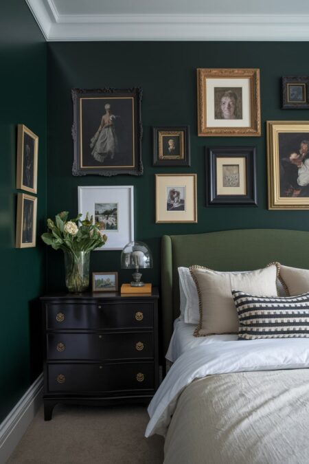 dark green bedroom with a gallery wall above green headboard and black nightstand