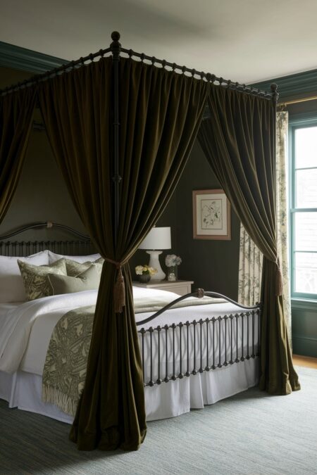 dark green bedroom with black metal framed canopy bed with olive green velvet curtains
