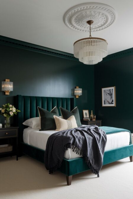 dark green bedroom with channel tufted velvet headboard, crystal chandelier, and ambient wall sconces