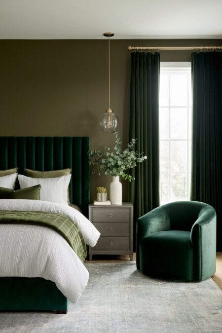 dark green bedroom with emerald channel tufted velvet headboard, emerald curved back armchair, velvet curtains, and olive green accents
