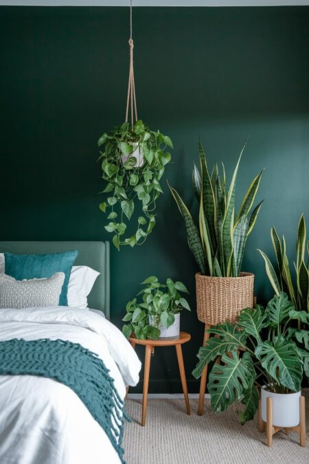 dark green bedroom with variety of houseplants, snake plant, pothos, and monstera