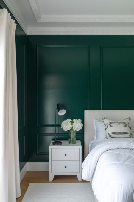 dark green bedroom with wall moldings, white bedding, nightstand, and curtains, cream headboard and area rug