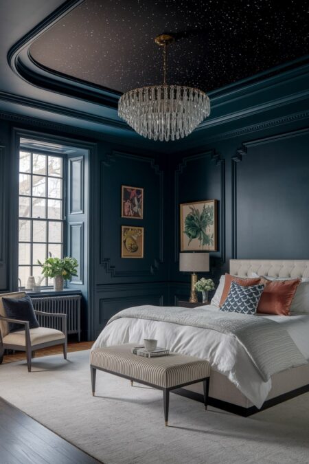 dark maximalist bedroom with navy blue walls, cream bed frame and armchair, black ceiling with celestial pattern