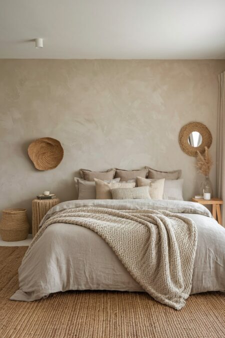 earthy bedroom with a beige limewashed wall, neutral layered beige bedding, and jute area rug