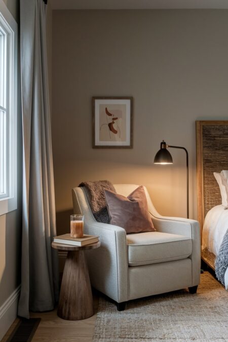 earthy bedroom with a cozy reading nook, a light gray armchair next to the bed with a natural frame, wooden side table, and a black floor lamp