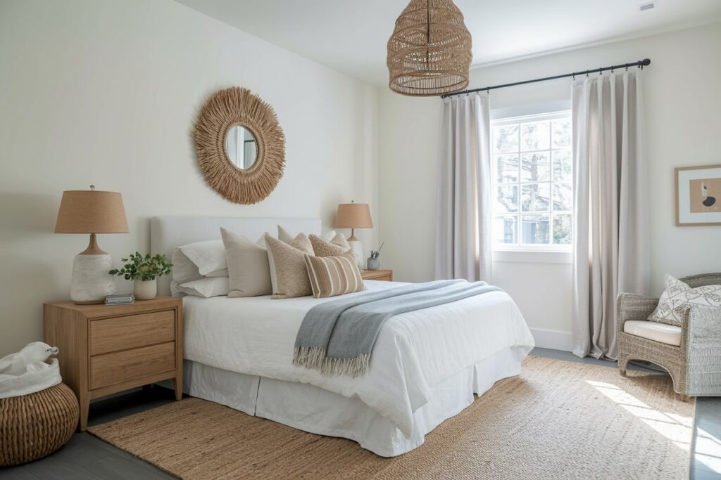 earthy bedroom with a neutral color palette, white walls, beige throw pillows, ceramic table lamp bases, and sisal area rug
