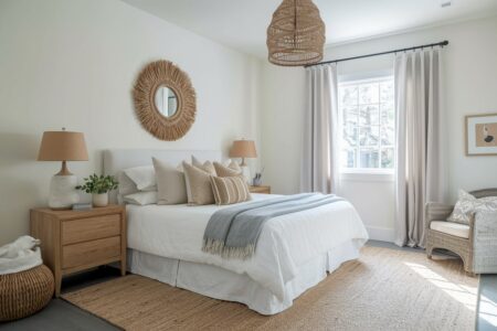 earthy bedroom with a neutral color palette, white walls, beige throw pillows, ceramic table lamp bases, and sisal area rug