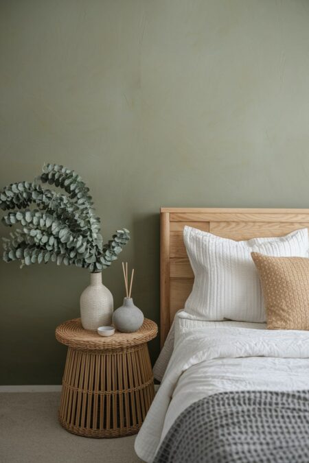 earthy bedroom with a sage green wall, light wood headboard, eucalyptus in a vase and reed diffuser on the nightstand