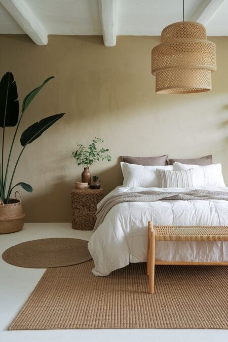 earthy bedroom with a sage green wall, white bedding, jute area rugs, and woven pendant light