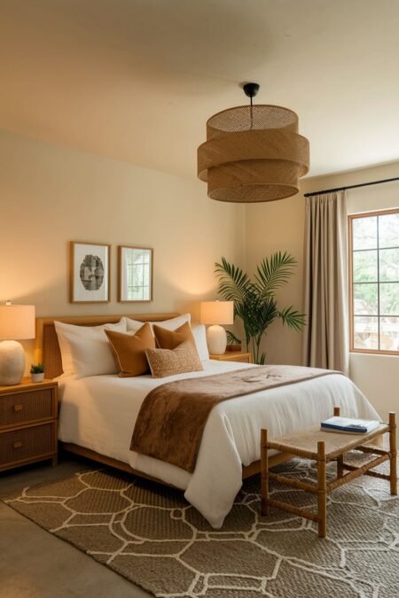 earthy bedroom with ambient lighting from table lamps, rattan headboard and nightstands, brown throw blanket and pillows