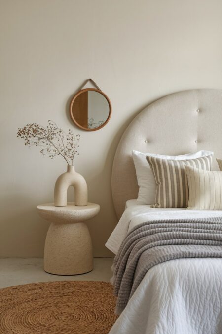 earthy bedroom with an upholstered headboard with an arched top, curved pebble bedside table with an asymmetrical vase, and round mirror